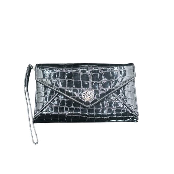 Brighton Shiny Black Croc Embossed Leather Wristlet Wallet Clutch - Picture 1 of 16
